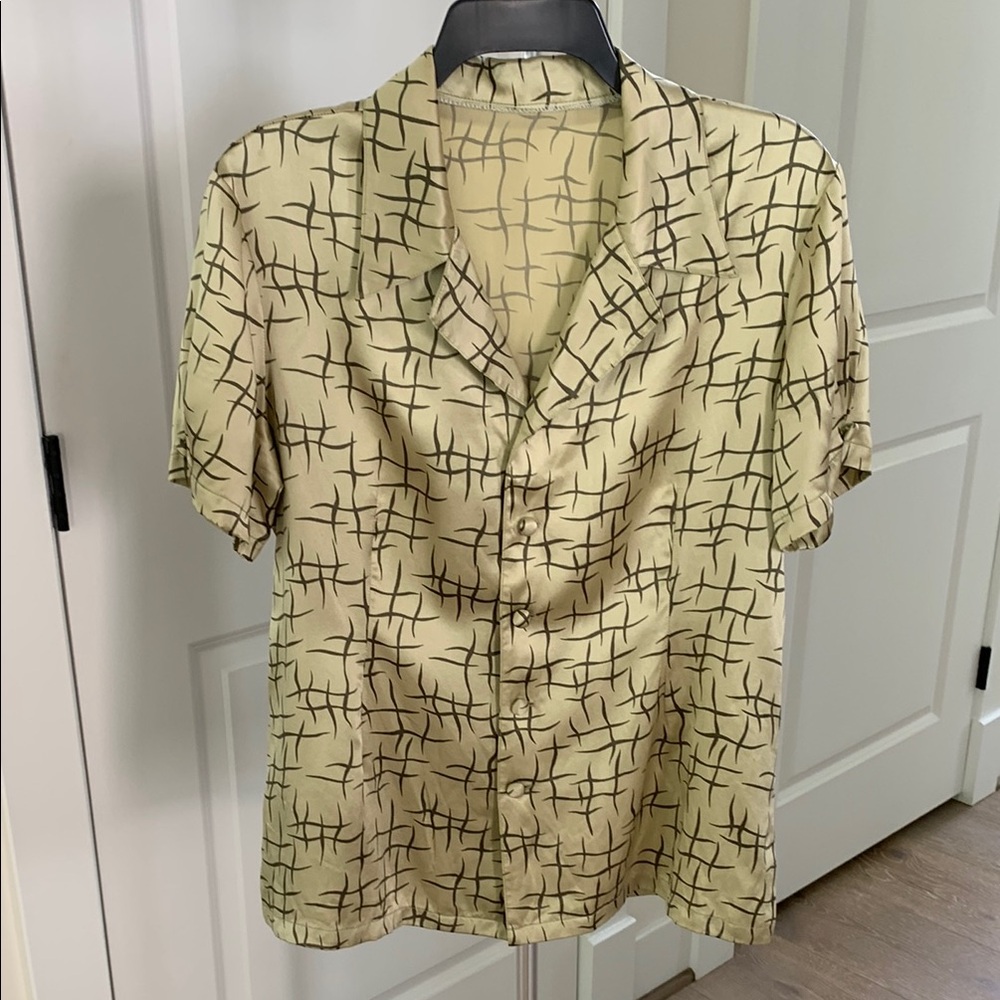 Olive Green Short Sleeve Silk Shirt with Geometric Pattern